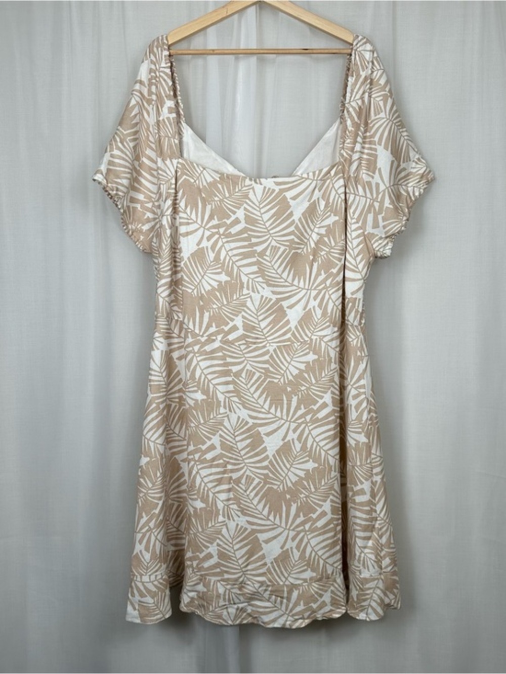 LOFT Plus Size 20 Linen Blend Palm Print Tie Back Dress Neutral Tropical Coastal